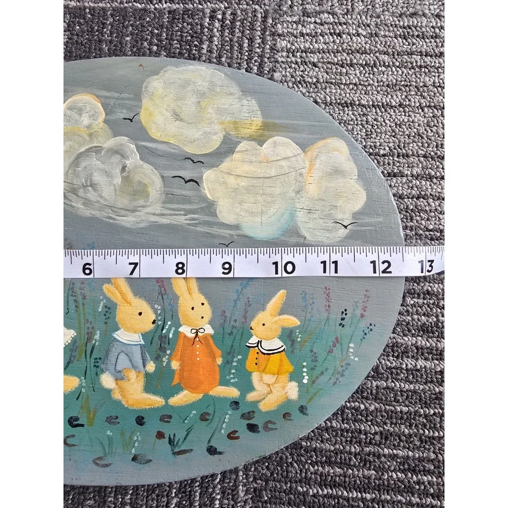 Vintage Hand Painted Wood Plaque Bunny Rabbit Family Folk Art Beatrix Potter
